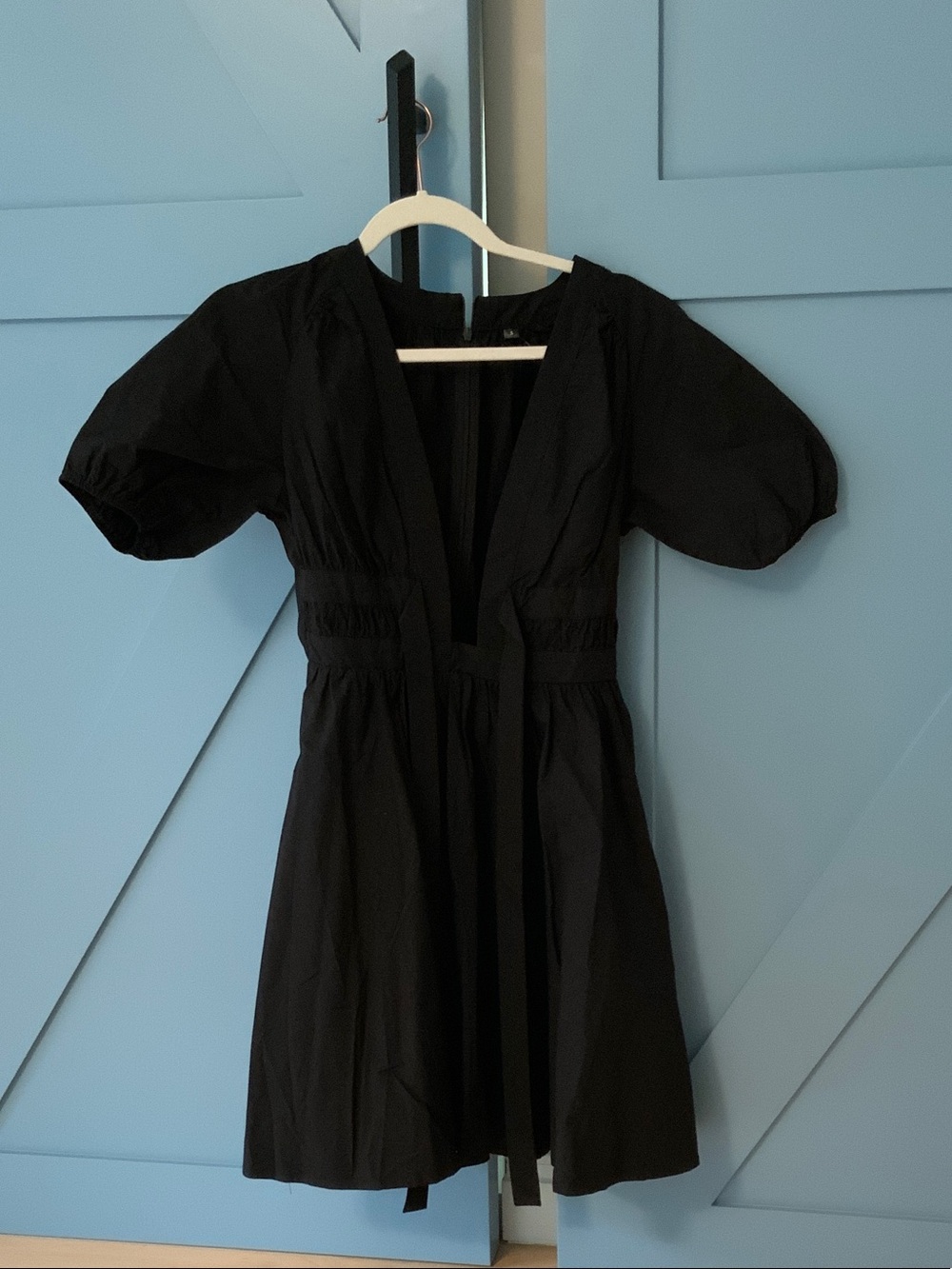 Black Deep V Puff Sleeve Mini Dress